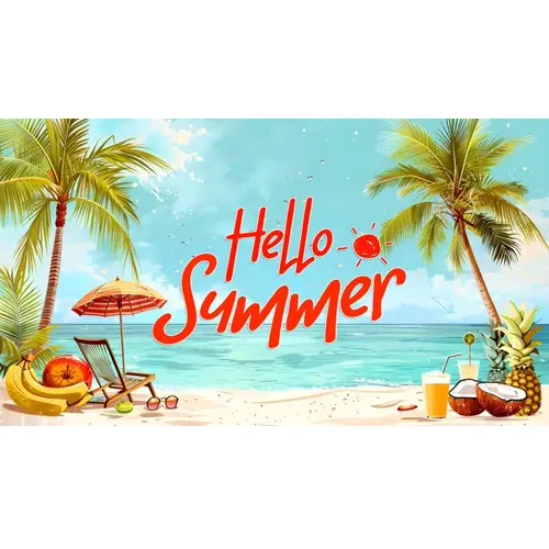 Summer day facebook cover with summer element and colorful picture of beach scene