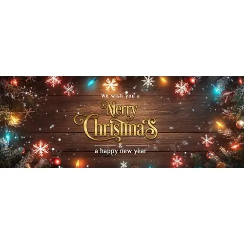 A wooden background with colorful lights and snowflakes facebook cover page