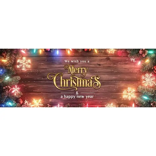A wooden background with colorful lights and snowflakes facebook cover page