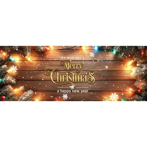 A wooden background with colorful lights and snowflakes facebook cover page