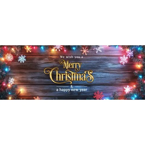 A wooden background with colorful lights and snowflakes facebook cover page