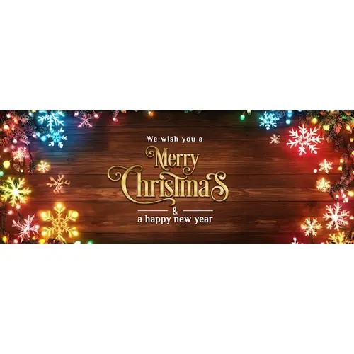 A wooden background with colorful lights and snowflakes facebook cover page