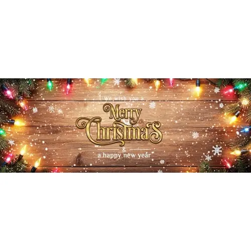 A wooden background with colorful lights and snowflakes facebook cover page