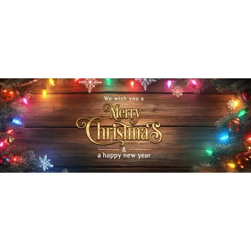 A wooden background with colorful lights and snowflakes facebook cover page