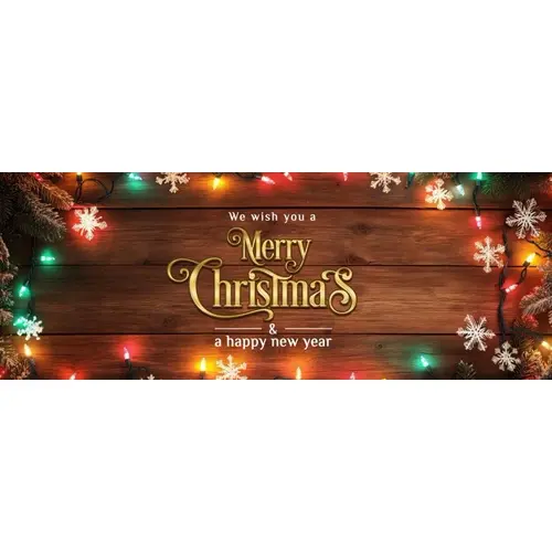 A wooden background with colorful lights and snowflakes facebook cover page