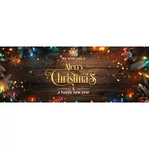 A wooden background with colorful lights and snowflakes facebook cover page