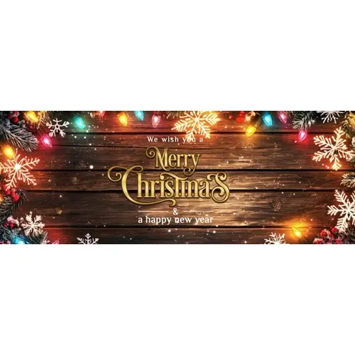 A wooden background with colorful lights and snowflakes facebook cover page
