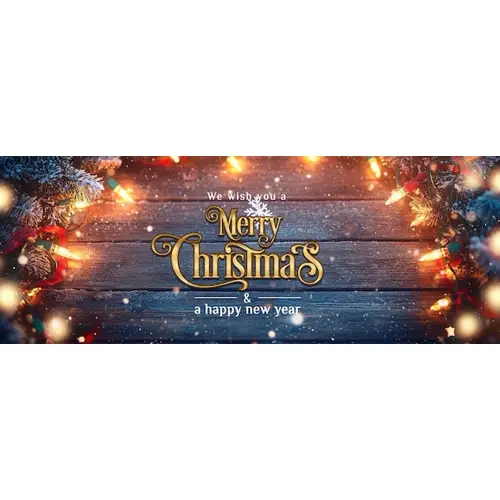 A wooden background with colorful lights and snowflakes facebook cover page